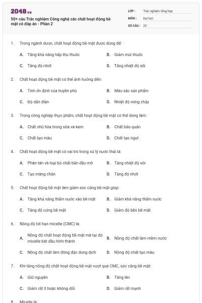 50+ câu Trắc nghiệm Công nghệ các chất hoạt động bề mặt có đáp án - Phần 2