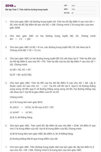 Bài tập Toán 7: Tính chất ba đường trung tuyến