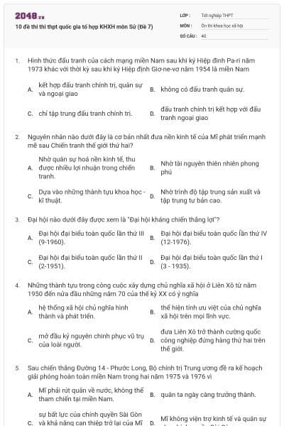 10 đề thi thi thpt quốc gia tổ hợp KHXH môn Sử (Đề 7)