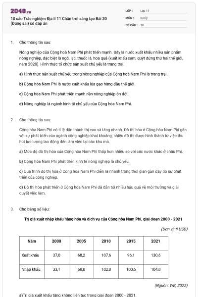10 câu Trắc nghiệm Địa lí 11 Chân trời sáng tạo Bài 30 (Đúng sai) có đáp án
