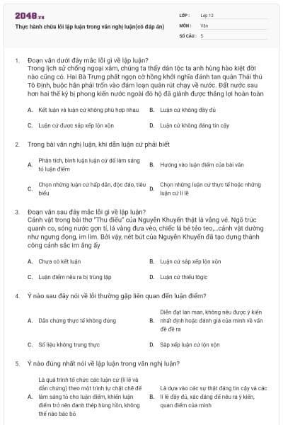 Thực hành chữa lỗi lập luận trong văn nghị luận(có đáp án)