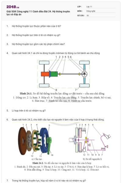 Giải SGK Công nghệ 11 Cánh diều Bài 24. Hệ thống truyền lực có đáp án