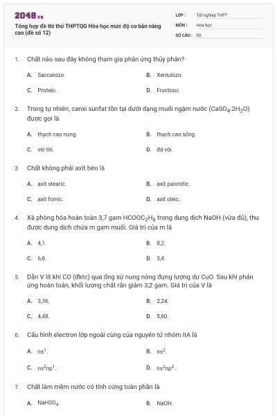 Tổng hợp đề thi thử THPTQG Hóa học mức độ cơ bản nâng cao (đề số 12)