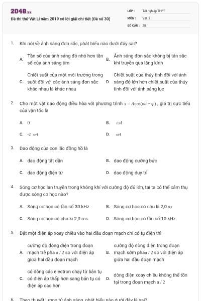 Đề thi thử Vật Lí năm 2019 có lời giải chi tiết (Đề số 30)