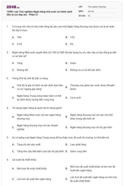 1000+ câu Trắc nghiệm Ngân hàng nhà nước và chính sách tiền tệ (có đáp án) - Phần 21