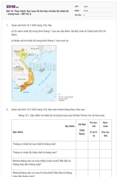 Bài 16: Thực hành: Đọc lược đồ khí hậu và biểu đồ nhiệt độ - lượng mưa - SBT ĐL 6