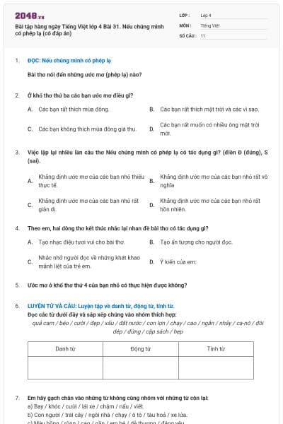 Bài tập hàng ngày Tiếng Việt lớp 4 Bài 31. Nếu chúng mình có phép lạ (có đáp án)