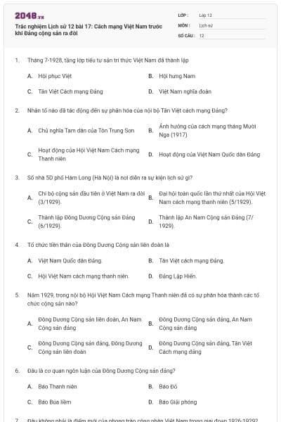 Trắc nghiệm Lịch sử 12 bài 17: Cách mạng Việt Nam trước khi Đảng cộng sản ra đời