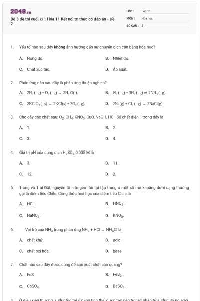 Bộ 3 đề thi cuối kì 1 Hóa 11 Kết nối tri thức có đáp án - Đề 2