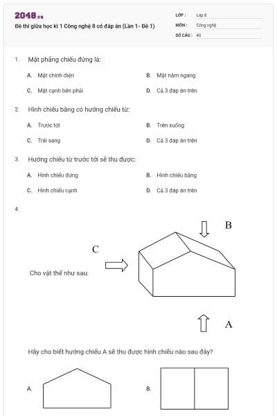 Đề thi giữa học kì 1 Công nghệ 8 có đáp án (Lần 1- Đề 1)