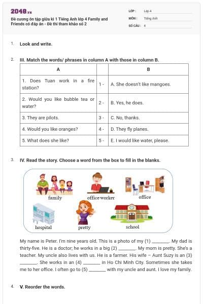 Đề cương ôn tập giữa kì 1 Tiếng Anh lớp 4 Family and Friends có đáp án - Đề thi tham khảo số 2