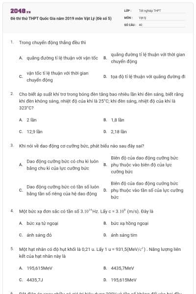 Đề thi thử THPT Quốc Gia năm 2019 môn Vật Lý (Đề số 5)