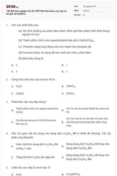 160 Bài trắc nghiệm Ôn thi THPTQG Hóa Hoạc cực hay có lời giải chi tiết(P2)