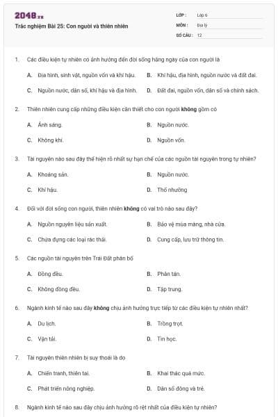 Trắc nghiệm Bài 25: Con người và thiên nhiên