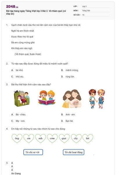 Bài tập hàng ngày Tiếng Việt lớp 3 Bài 2. Về thăm quê (có đáp án)