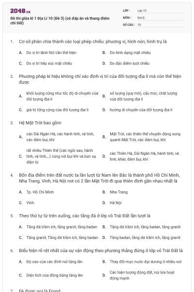 Đề thi giữa kì 1 Địa Lí 10 (Đề 3) (có đáp án và thang điểm chi tiết)