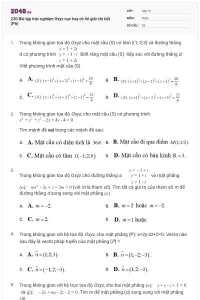 230 Bài tập trắc nghiệm Oxyz cực hay có lời giải chi tiết (P6)
