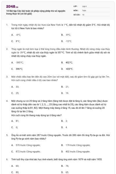 10 Bài tập Các bài toán về phép cộng phép trừ số nguyên trong thực tế (có lời giải)