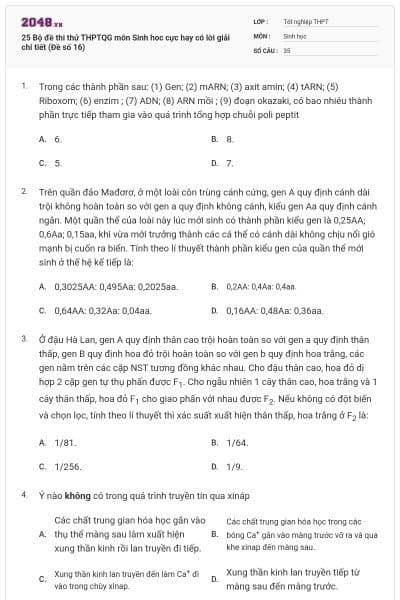 25 Bộ đề thi thử THPTQG môn Sinh hoc cực hay có lời giải chi tiết (Đề số 16)