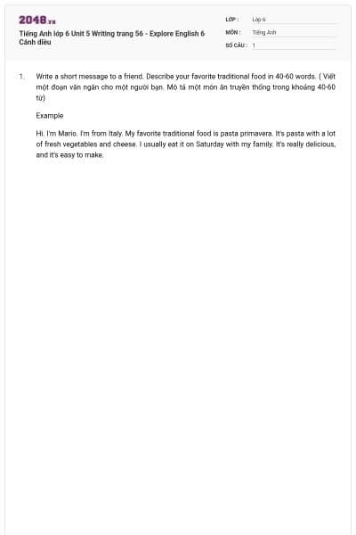 Tiếng Anh lớp 6 Unit 5 Writing trang 56 - Explore English 6 Cánh diều