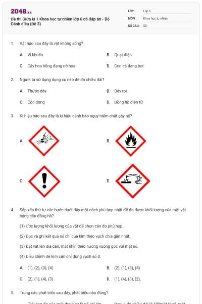 Đề thi Giữa kì 1 Khoa học tự nhiên lớp 6 có đáp án - Bộ Cánh diều (Đề 3)