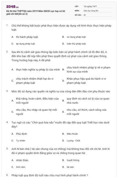 Đề thi thử THPTQG năm 2019 Môn GDCD cực hay có lời giải chi tiết(đề số 2)