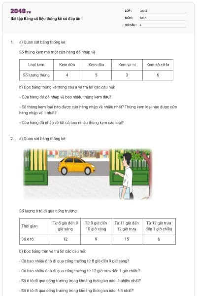 Bài tập Bảng số liệu thống kê có đáp án