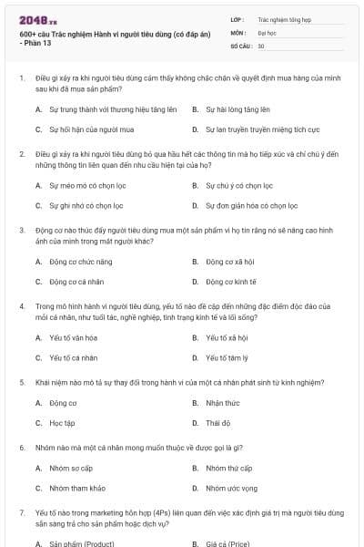 600+ câu Trắc nghiệm Hành vi người tiêu dùng (có đáp án) - Phần 13