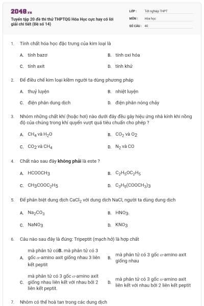 Tuyển tập 20 đề thi thử THPTQG Hóa Học cực hay có lời giải chi tiết (Đề số 14)