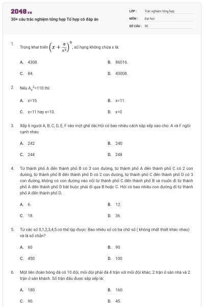 30+ câu trắc nghiệm tổng hợp Tổ hợp có đáp án