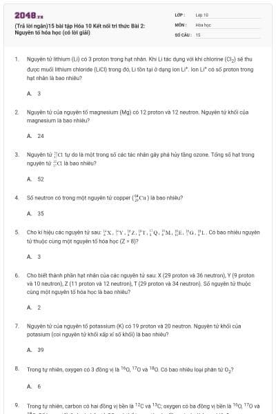 (Trả lời ngắn)15 bài tập Hóa 10 Kết nối tri thức Bài 2: Nguyên tố hóa học (có lời giải)