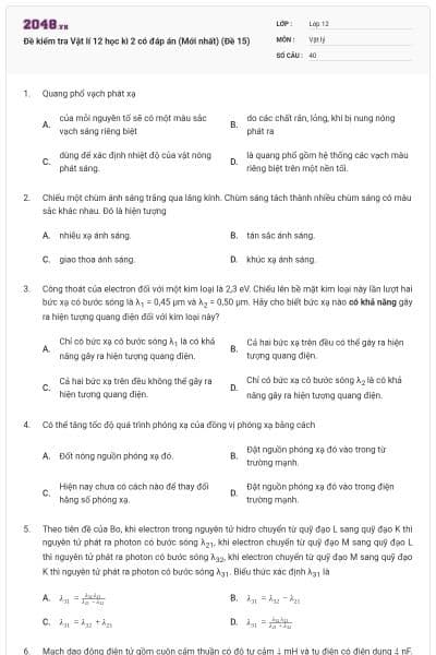 Đề kiểm tra Vật lí 12 học kì 2 có đáp án (Mới nhất) (Đề 15)