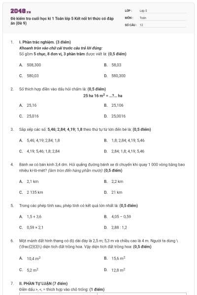 Đề kiểm tra cuối học kì 1 Toán lớp 5 Kết nối tri thức có đáp án (Đề 9)