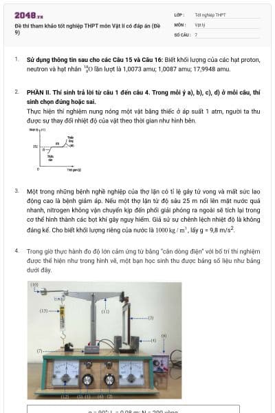 Đề thi tham khảo tốt nghiệp THPT môn Vật lí có đáp án (Đề 9)