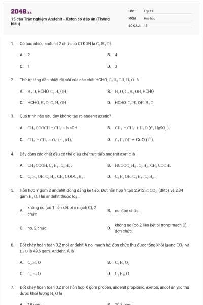 15 câu Trắc nghiệm Anđehit - Xeton có đáp án (Thông hiểu)