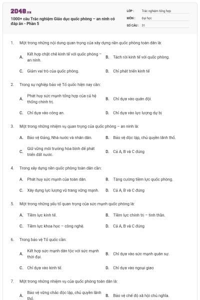 1000+ câu Trắc nghiệm Giáo dục quốc phòng – an ninh có đáp án - Phần 5