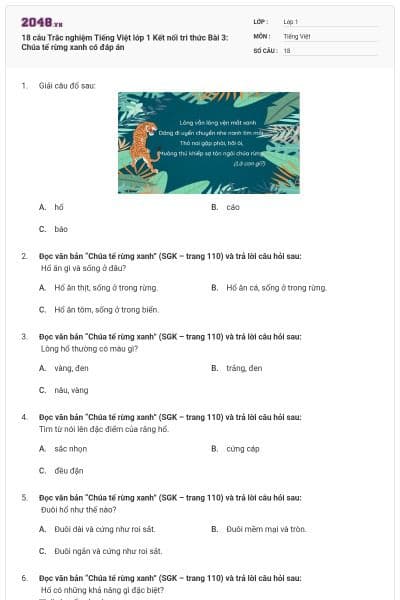 18 câu Trắc nghiệm Tiếng Việt lớp 1 Kết nối tri thức Bài 3: Chúa tể rừng xanh có đáp án