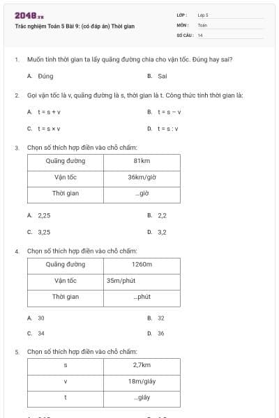Trắc nghiệm Toán 5 Bài 9: (có đáp án) Thời gian