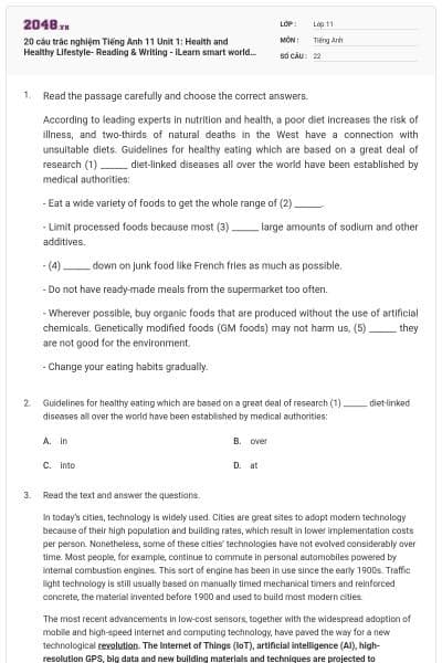 20 câu trắc nghiệm Tiếng Anh 11 Unit 1: Health and Healthy Lifestyle- Reading & Writing - iLearn smart world có đáp án