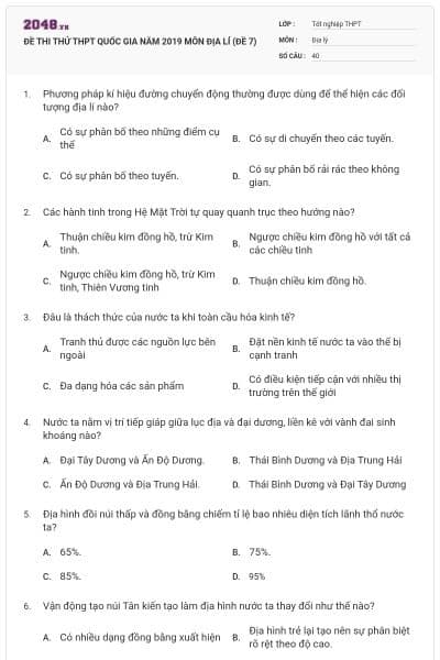 ĐỀ THI THỬ THPT QUỐC GIA NĂM 2019 MÔN ĐỊA LÍ (ĐỀ 7)