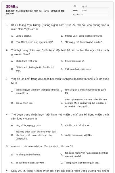 Lịch sử 12 Lịch sử thế giới hiện đại (1945 - 2000) có đáp án(P10)