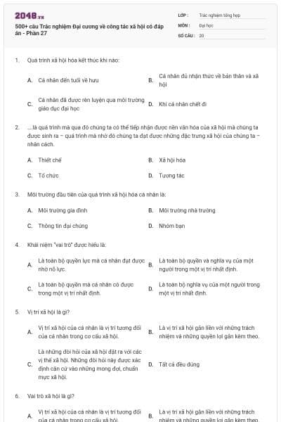 500+ câu Trắc nghiệm Đại cương về công tác xã hội có đáp án - Phần 27