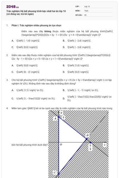 Trắc nghiệm Hệ bất phương trình bậc nhất hai ẩn lớp 10 (có đúng sai, trả lời ngắn)