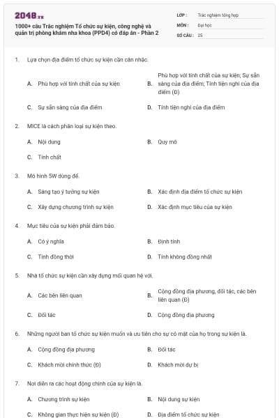 1000+ câu Trắc nghiệm Tổ chức sự kiện, công nghệ và quản trị phòng khám nha khoa (PPD4) có đáp án - Phần 2