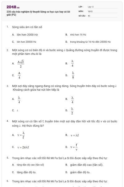 235 câu trắc nghiệm lý thuyết Sóng cơ học cực hay có lời giải (P2)