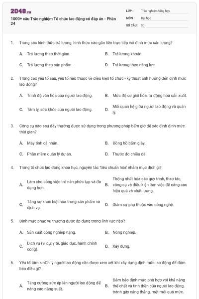 1000+ câu Trắc nghiệm Tổ chức lao động có đáp án - Phần 24