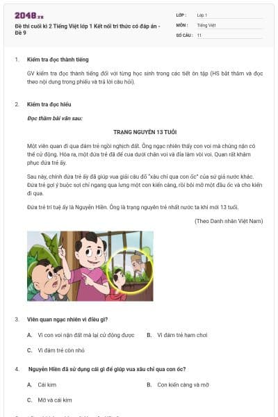 Đề thi cuối kì 2 Tiếng Việt lớp 1 Kết nối tri thức có đáp án - Đề 9