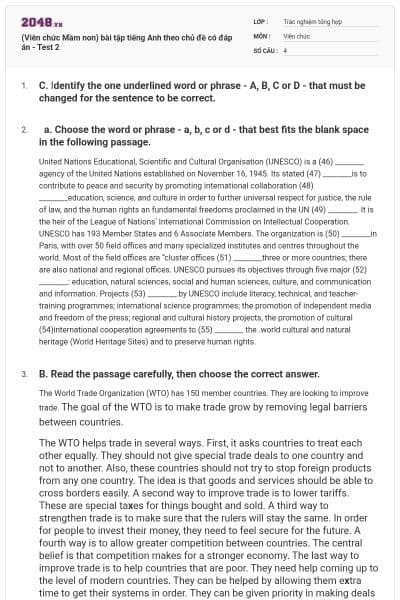 (Viên chức Mầm non) bài tập tiếng Anh theo chủ đề có đáp án - Test 2