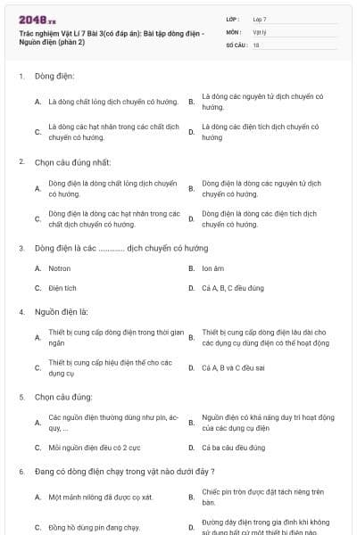 Trắc nghiệm Vật Lí 7 Bài 3(có đáp án): Bài tập dòng điện - Nguồn điện (phần 2)