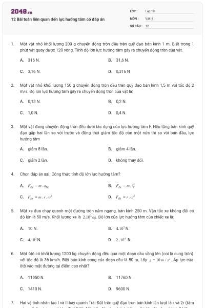 12 Bài toán liên quan đến lực hướng tâm có đáp án